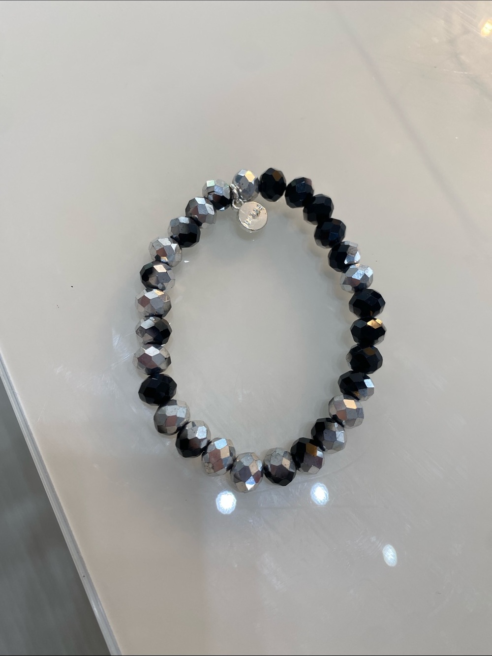 Beaded Glass Stretch Bracelet with Lizas Logo Charm - Silver/Black - Picture 4 of 5